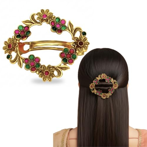 JWELLA Vergoldete Blumen-Haarspange mit rosa & grünen Steinen, Antik-Finish, Hochzeits- und Partyzubehör