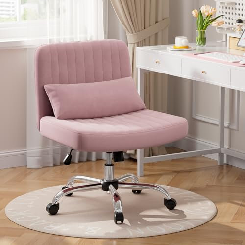 Warmiehomy Criss Cross Legged Velvet Office Chair for Home, Armless Desk Chair with Wheels, Height Adjustable Swivel Vanity Chair with Wide Seat and Lumbar Pillow for Bedroom and Home Office, Pink