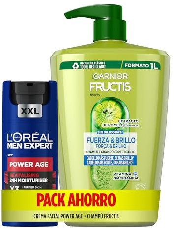 Lote de L'Oréal Men Expert Power Age, Crema Antiarrugas y antienvejecimiento, 100ml + Champú Fructis 1L