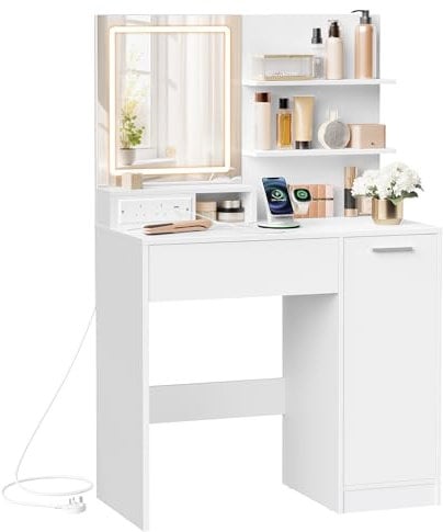VASAGLE KAILYN Collection - Dressing Table with LED Lights and Power Outlet, Vanity Table with Mirror, Adjustable Shelves, 1 Drawer, 2 Open Shelves, Modern Makeup Desk, White RDT138W03
