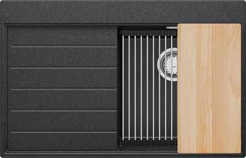 PRIMAGRAN Spülbecken ab 45er Unterschrank + Ablauf-Set, 78x50cm | Set: Ablauf-Set (Siphon, Ablaufgarnitur, Überlauf) + Granitspüle 1 Becken - Sydney Ergo, Anthrazit