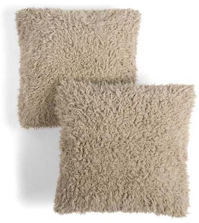 OHS Pack of 2 Cushion Covers 45 x 45cm, Super Soft Fluffy Sofia Faux Fur Decorative Square Throw Pillow Covers with Invisible Zipper for Couch Living Room Bedroom, Mink
