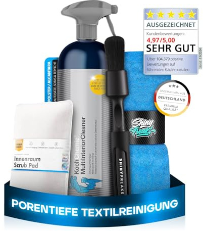 Koch Chemie Multi Interior Cleaner (750ml) Innenraumreiniger + Scrub Pad + Shiny Freaks Pinsel + Mikrofasertuch - Auto Innenraum Reiniger, Kunststoff, Polster, Leder, Cockpitpflege, Auto Reinigungsset