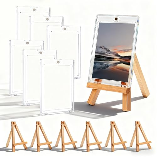 CVASNF 6 Sätze Magnetic Card Holder, Sammelkarten Ständer mit 35pt Transparent Karten Rahmen Magnetischer Kartenhalter mit Staffelei Holz Ultra Uv-Schutz für Magic Yugioh Sportkarten Sammlung