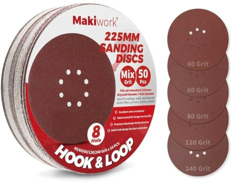 Makiwork 50 Stück 225mm 8-Loch Schleifscheiben Set – Aluminiumoxid Klett-Schleifpapier 10 x P40/P60/P80/P120/P240 für Trockenbauschleifer, Farbentfernung, Holz- & Metallbearbeitung