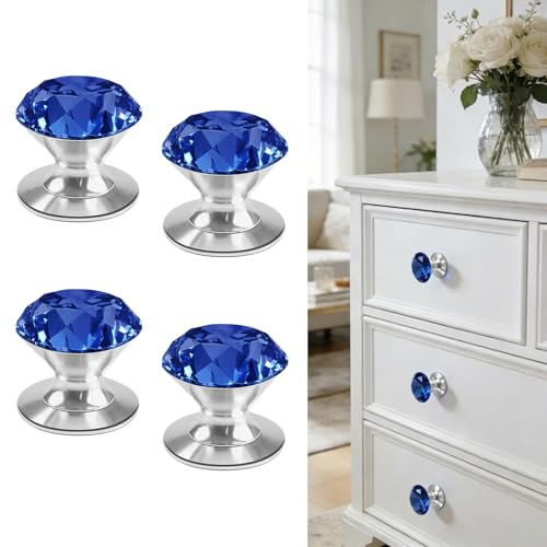 Elistonie 4 Pcs Crystal Self Adhesive Knobs Stick On Drawer Pulls Blue Crystal Knobs Drill Free Bling Peel and Stick Dresser Pulls for Mirror Cabinet Glass Medicine Cabinet Container Lid