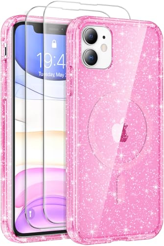 AROYI for iPhone 11 Case, Glitter Transparent Phone Case with 2 Tempered Glass Screen Protector, Compatible with Mag Safe, Shockproof Acrylic Magnetic Sparkle Bling for Women and Girls, Pink