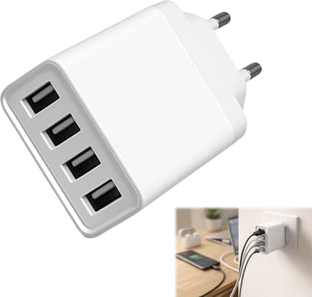 BaZuyunMd Fuente de alimentación USB de 4 puertos, 5 V, 2,4 A, enchufe europeo, color blanco, cargador USB para smartphones y tablets