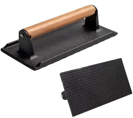 Cast Iron Grill Press, Heavy-Duty Burger Press with Wooden Handle, Non Stick Steak Weight, Rectangular Meat Maker, Kitchen Cookware for Grilling Steak, Chicken & Sandwiches