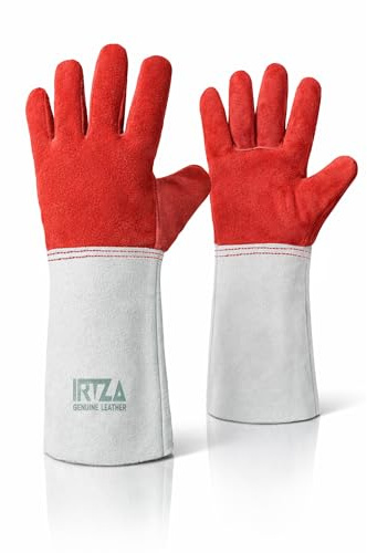 Heat Resistant Welding Gloves - Industrial MENS Standard Welding Gauntlet, Size Large, Heavy Duty Leather MIG TIG Welder Gauntlets BBQ, Oven, Fireplace, Long Cuff Protective Work Gloves (Red&White)
