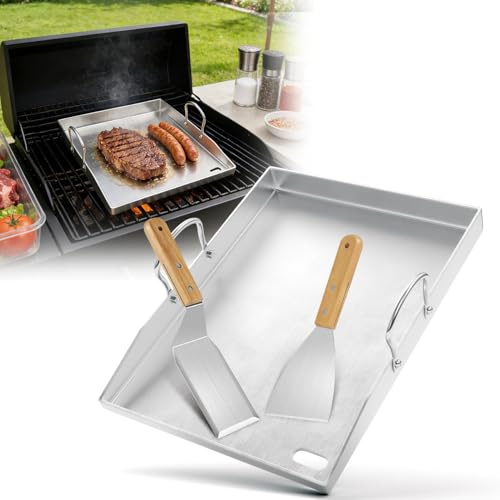 Hebitod Grillplatte aus 4 mm Edelstahl [40 x 30 cm] mit Fettrinne & 2 Grillspachteln – Plancha für Gas- & Holzkohlegrill – Massive Grillplatte ohne Beschichtung für sauberes BBQ