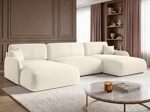 KP-Meble U-Form Wohnlandschaft mit Schlaffunktion 357x175 cm, Cordstoff – Großes Schlafsofa mit Bettkasten, Moderne Couch mit Stauraum NIVO (Poso 38)