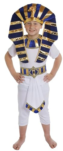 Boys Egyptian Fancy Dress Costume - Small - Childrens Prince Pharaoh King Tut Ancient Egypt School Curriculum White Top + Trousers + Blue & Gold Detail Belt + Matching Large Headpiece