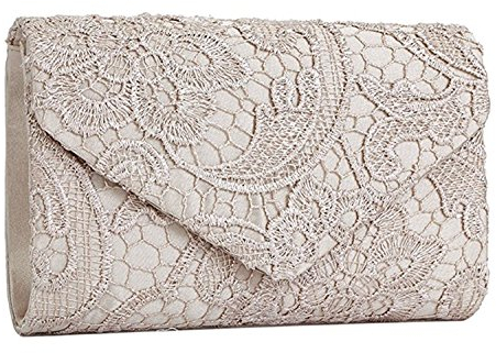Damen Frauen Clutch Abendtasche Handtasche Satin und Spitze Elegante Tasche für Urlaub Party 21*13*5cm Weiß