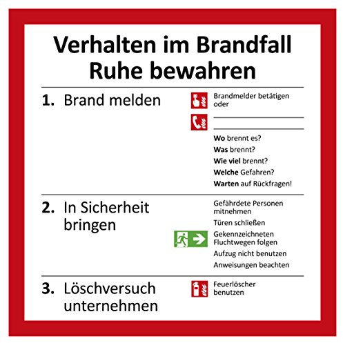 Verhalten im Brandfall Schild | 20 x 20 cm | Aushang für Brandmeldung, Notfall, Verhaltensregeln Betriebsaushang Hinweisschild 3mm | stabile Hartschaumplatte