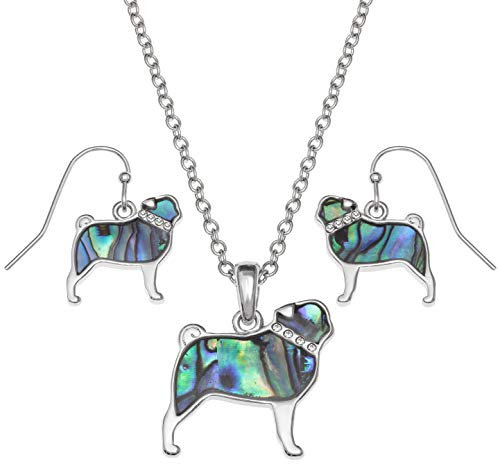 Kiara Jewellery Halskette mit Mops-/Hunde-Anhänger, mit grünlicher Paua-Abalone-Muschel und Glasstein-Halsband an 45,7 cm langer Kette und passenden hypoallergenen Haken-Ohrringen