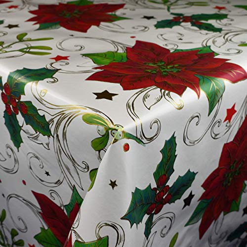 KEVKUS Wachstuch Tischdecke Meterware 847-3 Weihnachtsstern Mistelzweig weiß wählbar in eckig rund oval (Rand: Borte (gehäkelte Bordüre), 90 x 240 cm eckig (Biertisch XL))