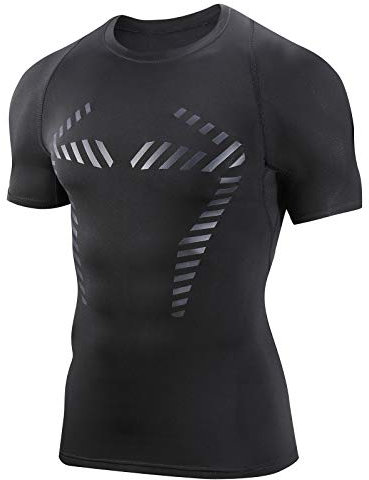 AMZSPORT Herren Kompressionsshirt Kurzarm Funktionsshirt Atmungsaktives Sportshirt Laufshirt，Schwarz XL