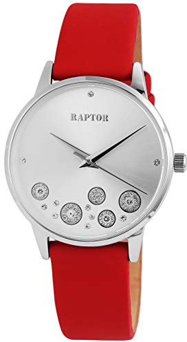 Raptor Damen-Uhr Echt Leder Elegant Strass-Steine Glitzer Analog Quarz RA10177 (rot)