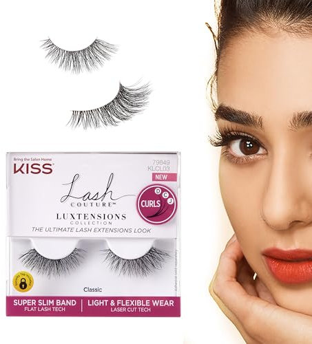 KISS Lash Couture LuXtensions Collection False Eyelashes, Flat Lash Technology, Super Slim Lash Band, Real Lash Extension Fibers, Reusable, Contact Lens Friendly Strip Lashes, Style 'Classic', 1 Pair