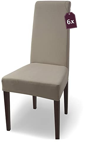 SCHEFFLER-Home Natalie Stretch Stuhlhussen Baumwolle/Stuhlhussen Beige/Stuhlüberzug 6er Set/Stuhlabdeckung/Stuhlhussen Schwingstühle waschbar/eleganter Spann-Stuhlüberzug Hochlehner