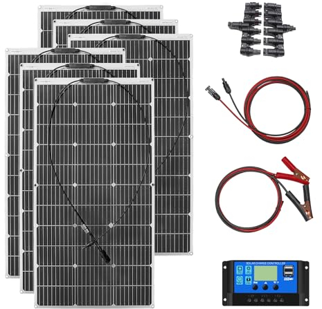 600W 18v Solar Panel 6pcs 100W carga solar Monocristalina (alta eficiencia), con salida USB controlador 60A, apto para autocaravana, barco, tienda, coche, remolque, batería 12 V, negro (600)