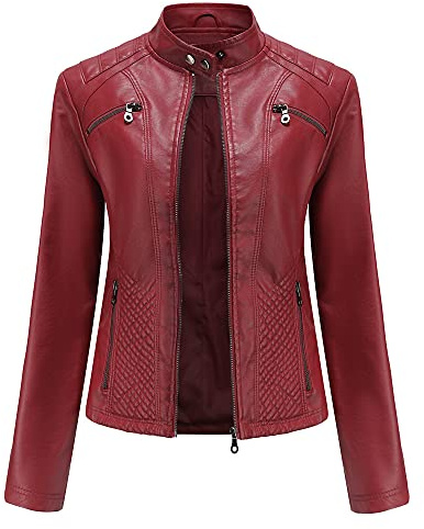 E-girl Giacca da donna in ecopelle slim, corta con colletto a montante, zip, stile motociclista, per primavera e autunno, C03N, borgogna, 50