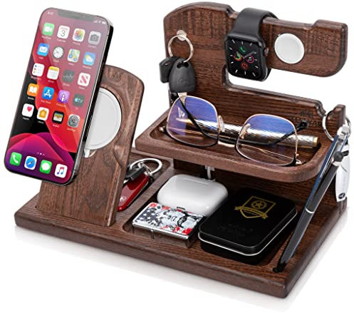 Holz Ständer Dockingstation Kompatibel mit MagSafe und iWatch Asche Baum Weihnachten Geschenk für Männer Geldbörsenständer Ehemann Ehefrau Vater Geburtstag Jubiläum Nachttisch Mann Gadgets (Braun)