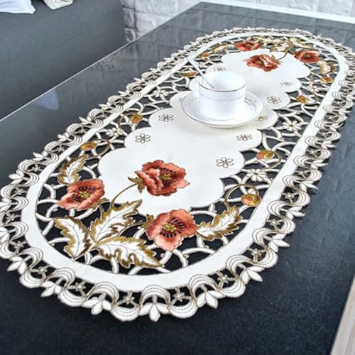 Tischdecke, waschbar, oval, Vintage-Stil, bestickt, Spitze, 40 x 85 cm