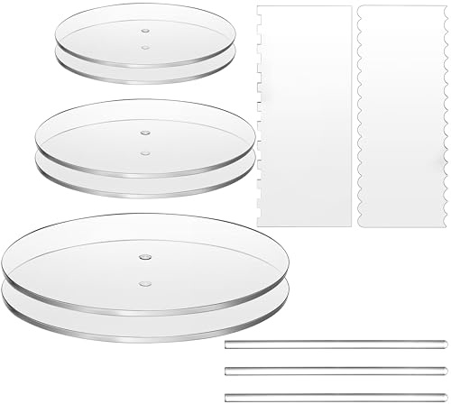 Coloch 11 Pieces 6.25/8.25/10.25 Inch Acrylic Cake Discs Set, Clear Cake Decorating Supplies with 6 Acrylic Discs, 2 Icing Scraper and 3 Center Dowel for 3 Tier Cake Making, Serving Bake Goods