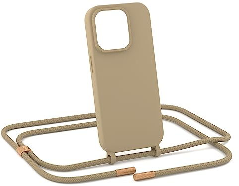 ZhinkArts - Handykette kompatibel mit iPhone 14 Pro - Handyhülle zum Umhängen - Band/Schnur abnehmbar - Necklace - Silikon - Taupe - Beige