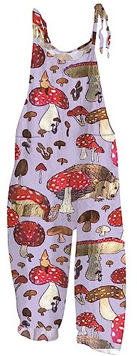 AMhomely Overalls for Women Casual Loose Dungarees Soft Cotton Linen Baggy Jumpsuit Adjustable Straps with Pockets Vintage Ethnic Floral Wide Legs Jumpsuit Playsuit Ladies Baggy Overalls Purple XL