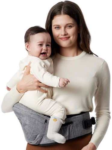 Momcozy Hüftsitz Babytrage - Verstellbarer Bund mit Original 3D Bauchschutz & EVA Massagebrett, Ergonomische Tragetasche mit verschiedenen Taschen für Neugeborene & Kleinkinder bis 20.4 kg (Grau,