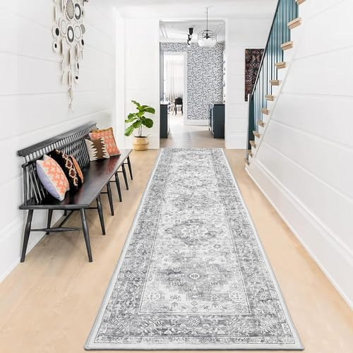 Enyhom Teppich Läufer, 60 x 240 cm Grau Extra Lange Läufer Teppiche für Flur rutschfest Waschküche Maschine Waschbar Küche Bodenmatte für Eingang Schlafzimmer Treppe Badezimmer