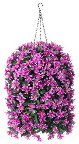 Künstliche hängende Outdoor-Pflanzen mit Korb, Kunstseide, realistisch, UV-beständig, Fuchsia, Blumenarrangement, Pflanzgefäß für Außenbereich, Veranda, Terrasse, Balkon, Hof, Heimdekoration