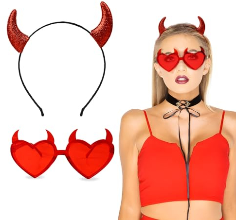 BHGT Teufelshörner Haarreif Teufel Ohren Haareif mit Herzen Brille Rot Glitzer Halloween Haarreif Accessoires Rot Devil Horns Karneval Party Accessoires Hopfschmuck Halloween Karneval