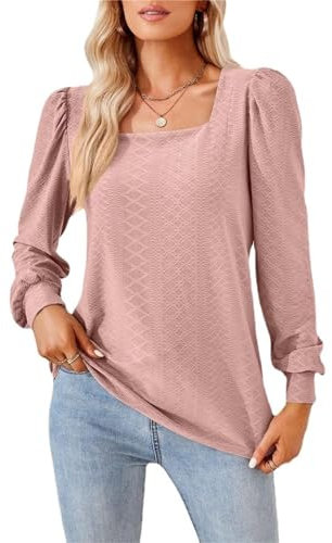 MSIYOW Camicie Donna Blusa Elegante Maglietta con Collo Quadrato Camicette Primavera Casual Camicia Lunghe Donna(S, Rosa)