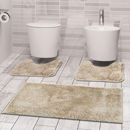Comart - Tris Tappeti Faith Bagno - Set Tappetini: 1 Tappeto Rettangolare 45x75 cm + 2 Giro Water 45x75 cm - Morbidi e Pelosi - Asciugatura Rapida e Antiscivolo - Lavabili in Lavatrice - Beige/Marrone