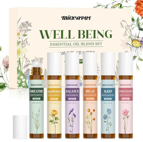MIGCAPUT Set di Oli Essenziali Roll-On 6 x 10ML, Olio Essenziale Profumato Naturale Pronto All'uso per Uso della Pelle, Polsi, Dietro le Orecchie, Rilassante, Umore Allegro, Aiuta il Sonno