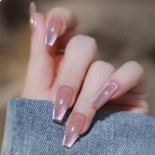 GlamRays Lot de 24 faux ongles à presser en gel acrylique brillant, couleur nude, avec design dégradé, à paillettes, couverture complète, en acrylique brillant