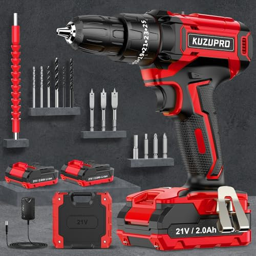 KUZUPRO Trapano Avvitatore Batteria 21V, Avvitatore a Batteria con 2 Batterie da 2.0Ah, 42N.m Trapano Percussione, 25+3 Coppie, 2 Velocità, 14 Accessori, Luce a LED Per Fai da te, Casa e Giardino