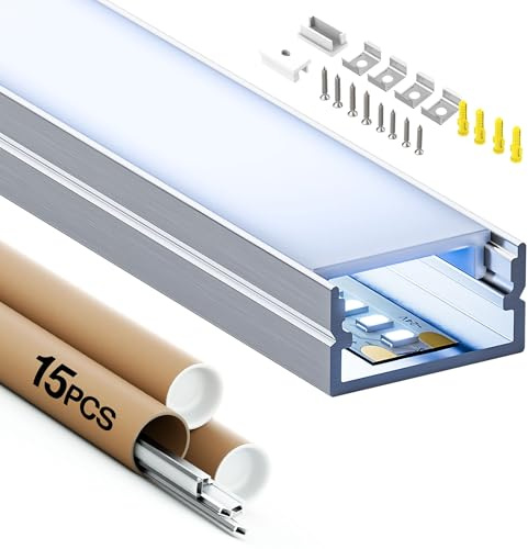 Shine Plus LED Profil 2 m x 15 Stück, ausgestattet mit einer weißen PC-Abdeckung, Schienen Größe 19,3 mm x 9.8 mm, kompatibel mit LED Streifen mit einer Breite von weniger als 17 mm
