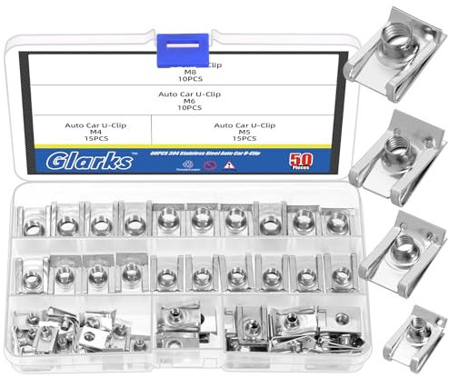Glarks 50pcs Gewinde Clip Mutter Set, M4 M5 M6 M8 304 Edelstahl U Mutter Klemme Set U-förmige Mutter für Automobil Motorrad (50)