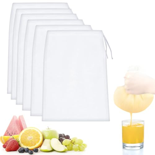 Quelcc 6 Piezas Bolsas de Leche de Nueces, 20 x 30 cm Bolsa de Colador Reutilizable, Filtro Leche Vegetal de Nailon, Filtro de Alimentos, para Queso, Zumo de Frutas, Café, Zumo de Verduras, Té