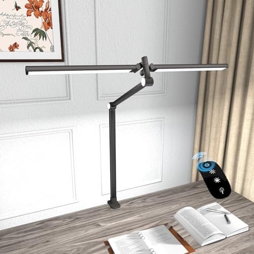 Hapfish Lampara led escritorio pinza, 84cm 24W flexo escritorio doble cabezal, potente luz pantalla monitor con Mando a Distancia, 5 temperaturas color brillo, lámpara para estudio, oficina, estudiar