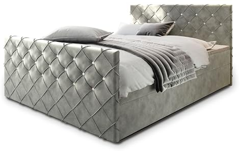 Masseno Boxspringbett Mandi 140x200 cm Komplett-Set mit Matratze und Topper, Polsterbett mit Zwei Bettkästen -Hellgrau, Magic Velvet 2240
