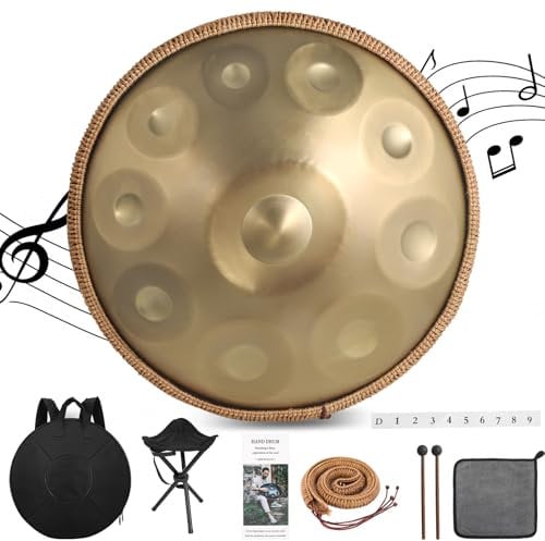 Derlvbak Handpan Instrument, 22 Zoll 10 Töne 440HZ Hand Pan Drum Steel Tongue Drum Zungentrommel für Yoga, Meditation mit Handtaschen Trommelstöcken, Trommelständer (Gold, 10 Töne-440HZ)