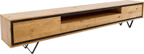 DELIFE TV-Board Stonegrace Eiche Natur 240 cm 2 Türen 1 Fach 2 Schübe | Steinfurnier V-Fuß Metall Schwarz Lowboard