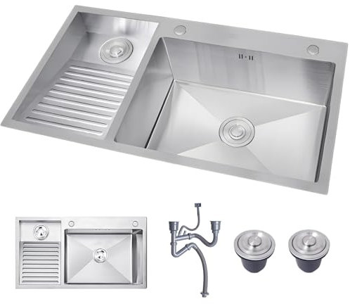 JETXYHUB 100x48cm Edelstahl-Doppelwaschbecken mit Waschbrett & Ablaufset,Leicht Zu Reinigende Kleidung, Waschbrettbecken Für Den Balkon, Großes Fassungsvermögen, Für Die Waschküche
