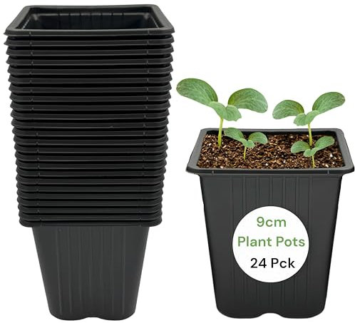 SwiftPick Home Macetas de plástico cuadradas de 9 x 10 cm, color negro con agujeros de drenaje (24 piezas) macetas reutilizables ideales para verduras, flores, hierbas